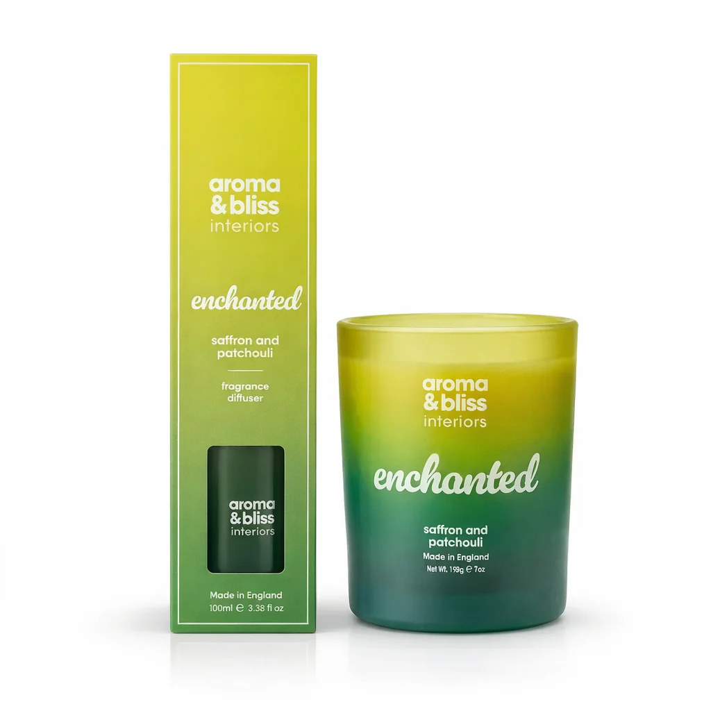 Aroma & Bliss Saffron & Patchouli Home Fragrance Duo – Candle & Diffuser