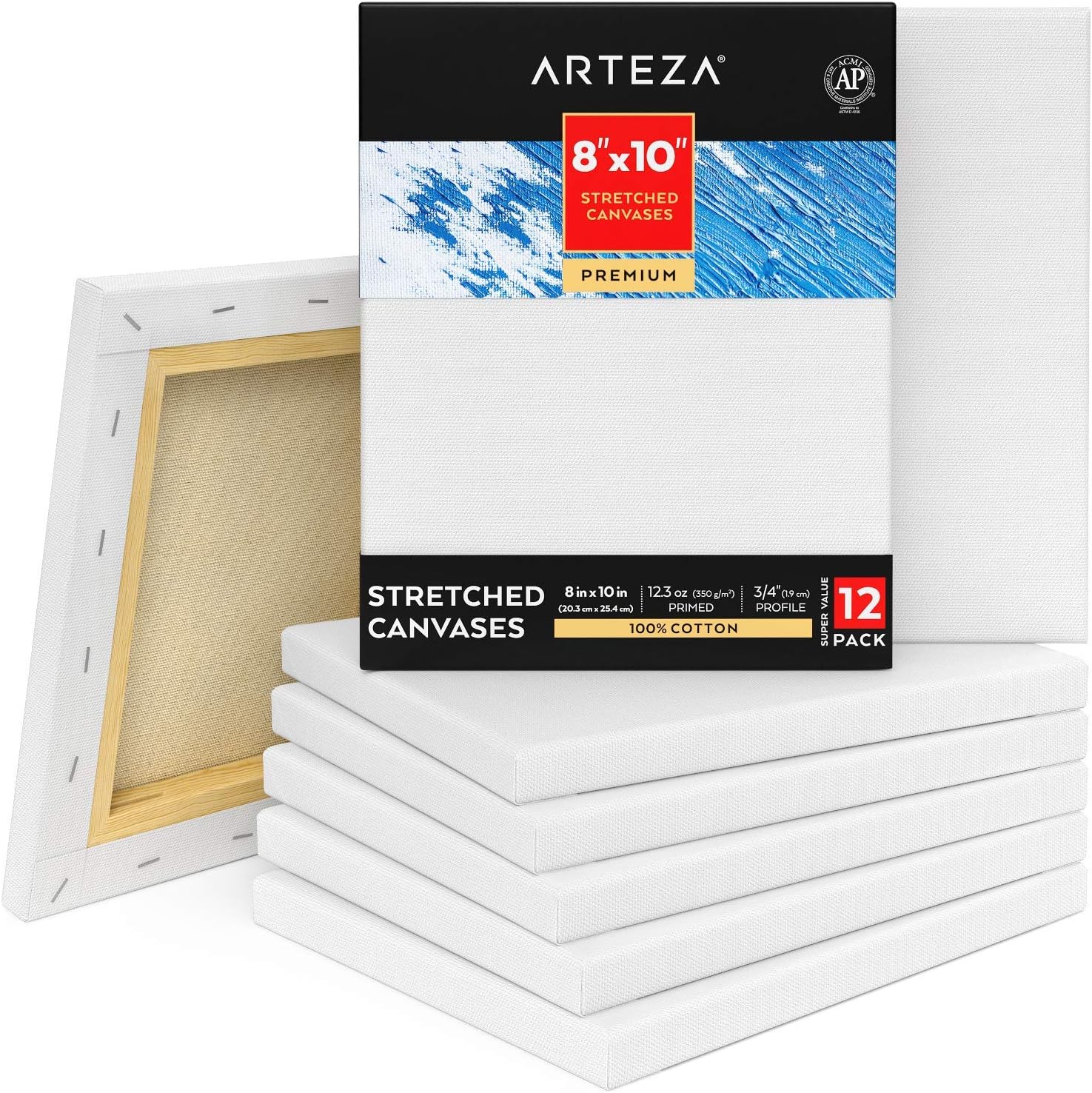 ARTEZA Premium Stretched Canvas - 8"x10" (20x25cm) - 12 Pack