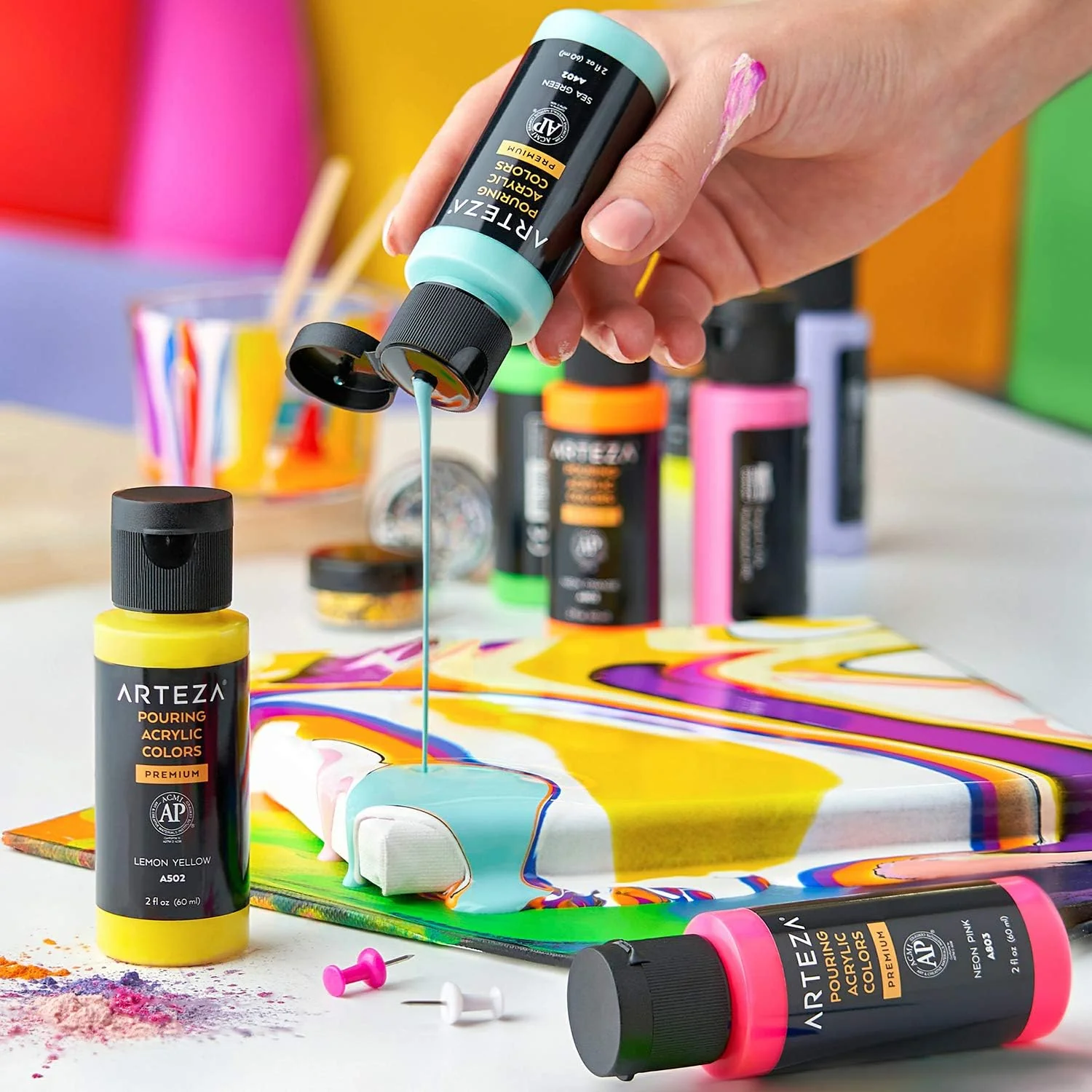 ARTEZA Acrylic Pouring Paint - Neon Yellow (236ml) - Image 5