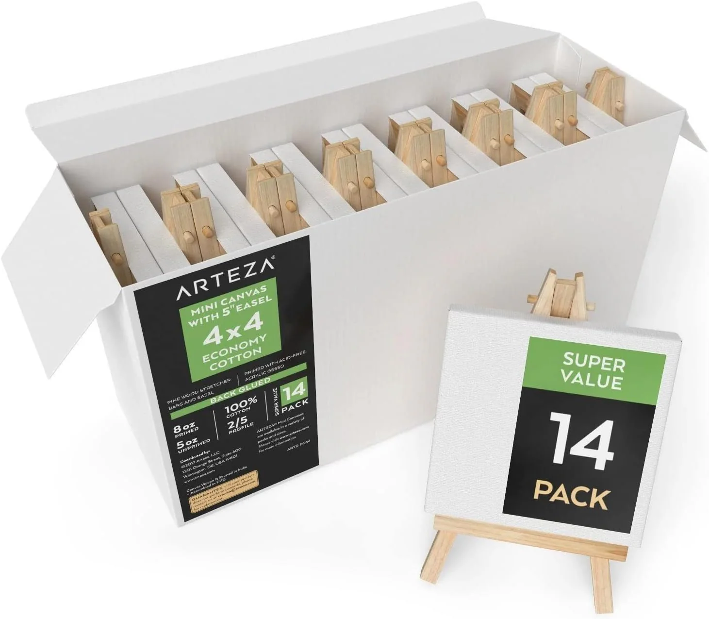 ARTEZA Mini Canvases with Easels - 4"x4" (10.16x10.16cm) - 14 Pack