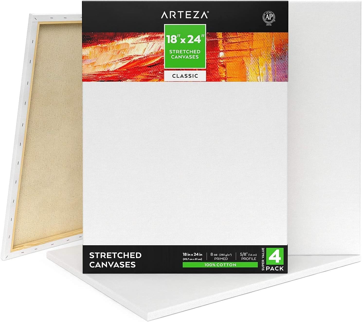 Arteza Stretched Art Canvas - 18"x24" (45.7x61cm) - 4 Pack