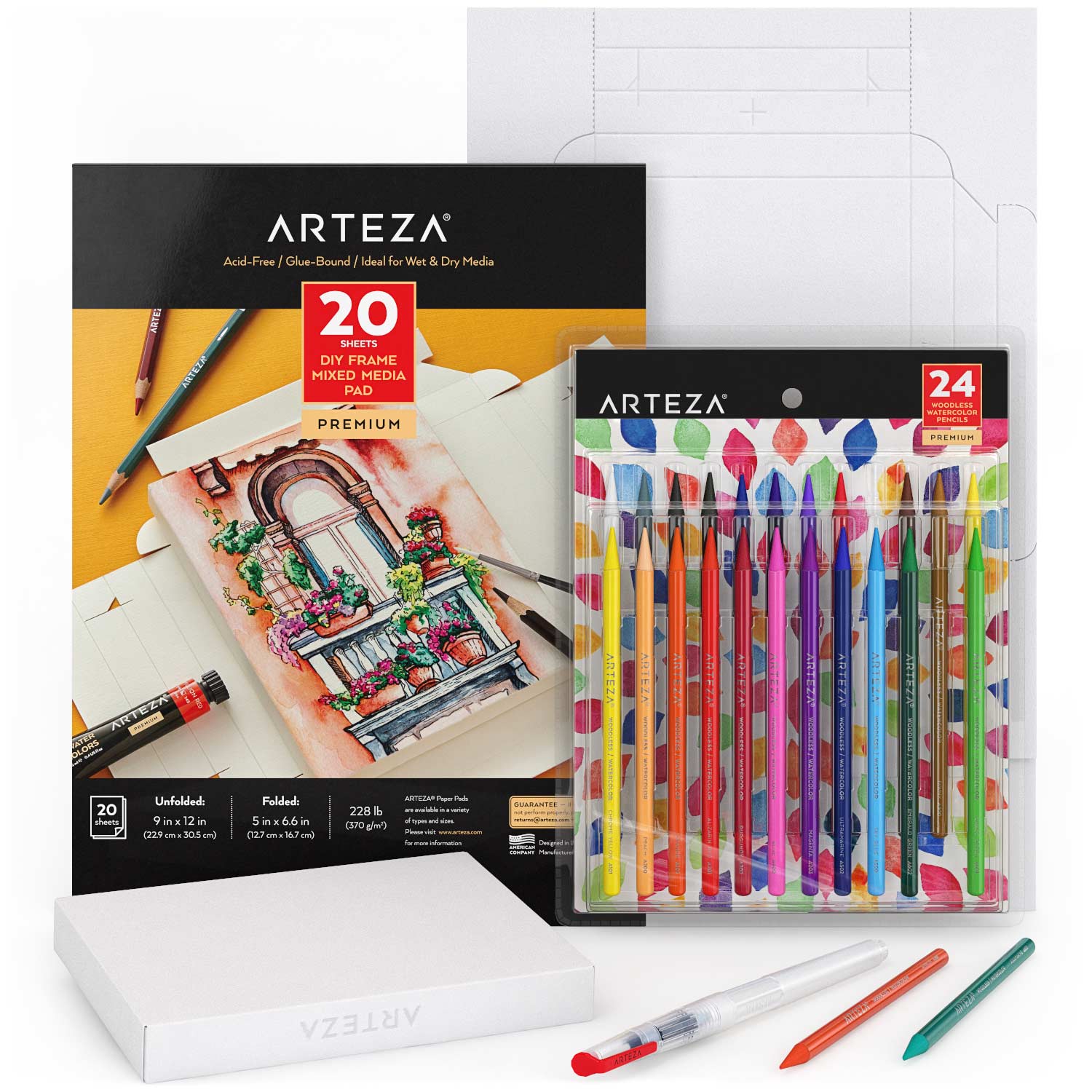 Arteza Watercolor Drawing Art Set, Woodless Watercolour Pencils & Foldable Canvas Paper Bundle