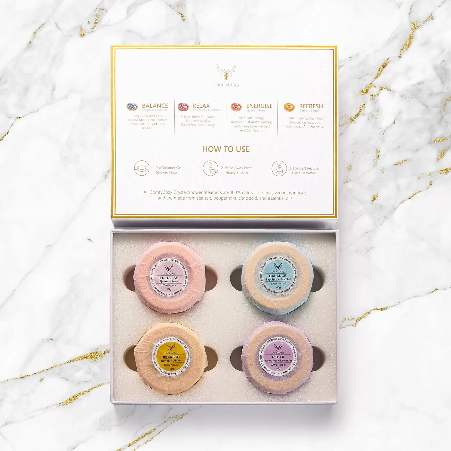 ComfyCozy Crystal Shower Steamers Luxury Gift Set Organic Shower Bombs, 8x45g - Image 4