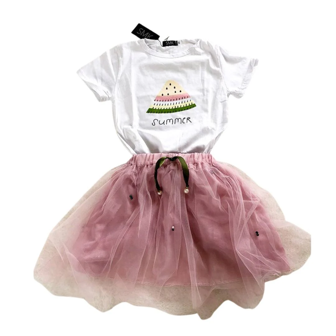 Girls 2 Piece White and Pale Pink T-Shirt & Tulle Skirt (12-18M)