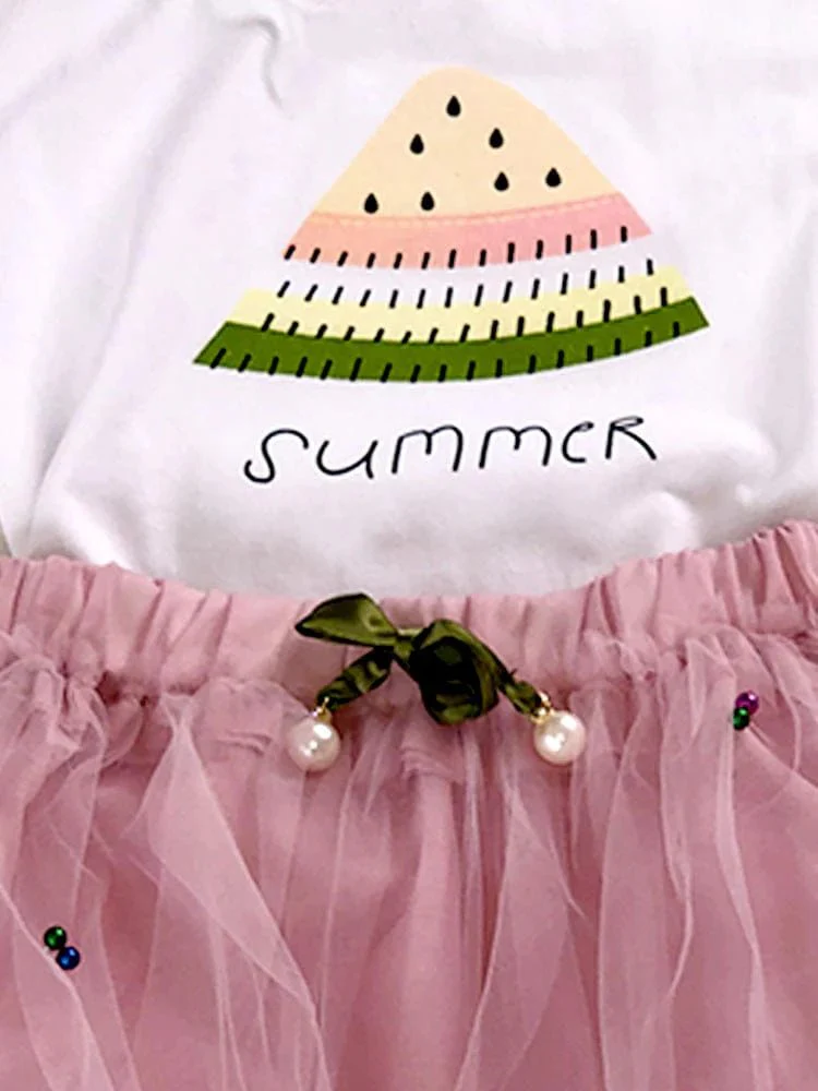 Girls 2 Piece White and Pale Pink T-Shirt & Tulle Skirt (12-18M) - Image 2