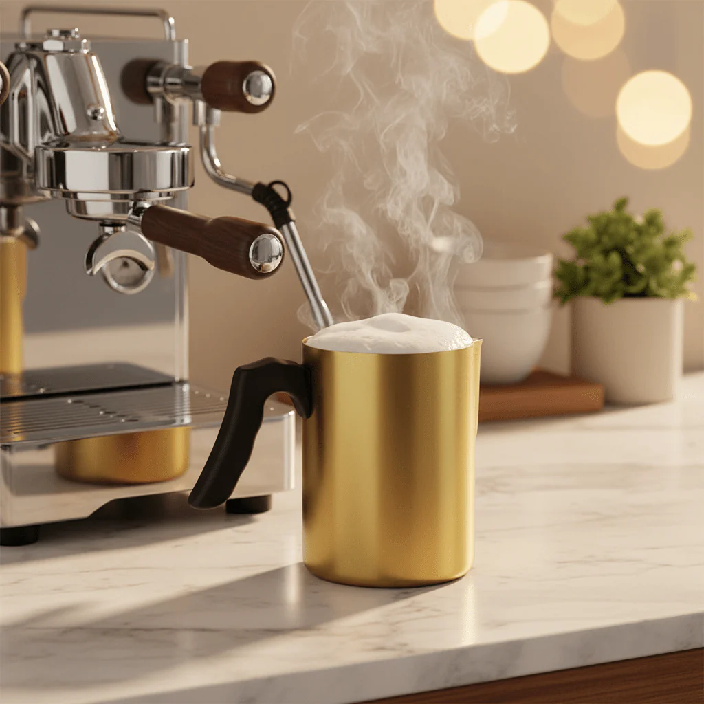 Lunar Ocean Brushed Gold Aluminium Milk Frothing Pitcher with Black Handle 350ml - Image 2
