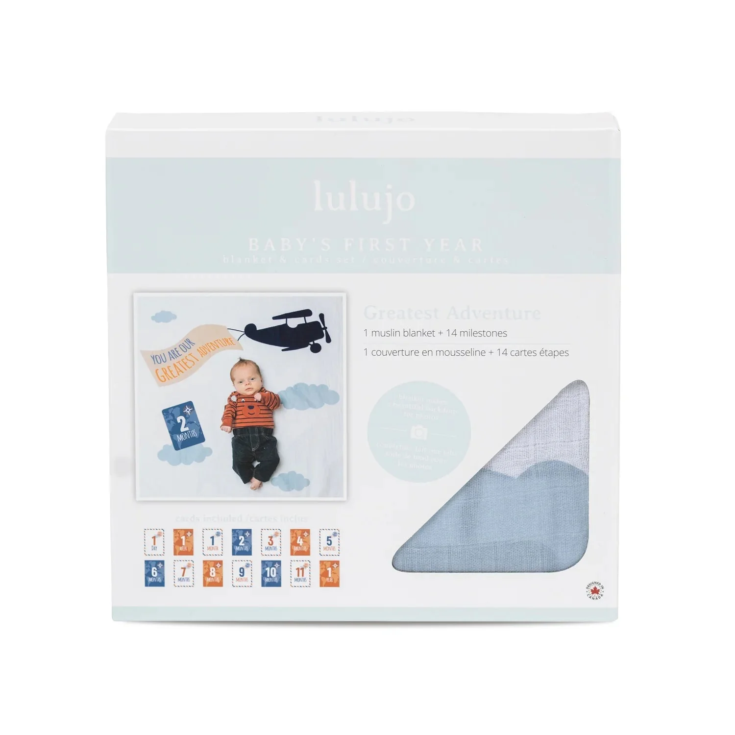 Lulujo Baby's First Year Gift Set - Cotton Swaddle & Cards - Greatest Adventure
