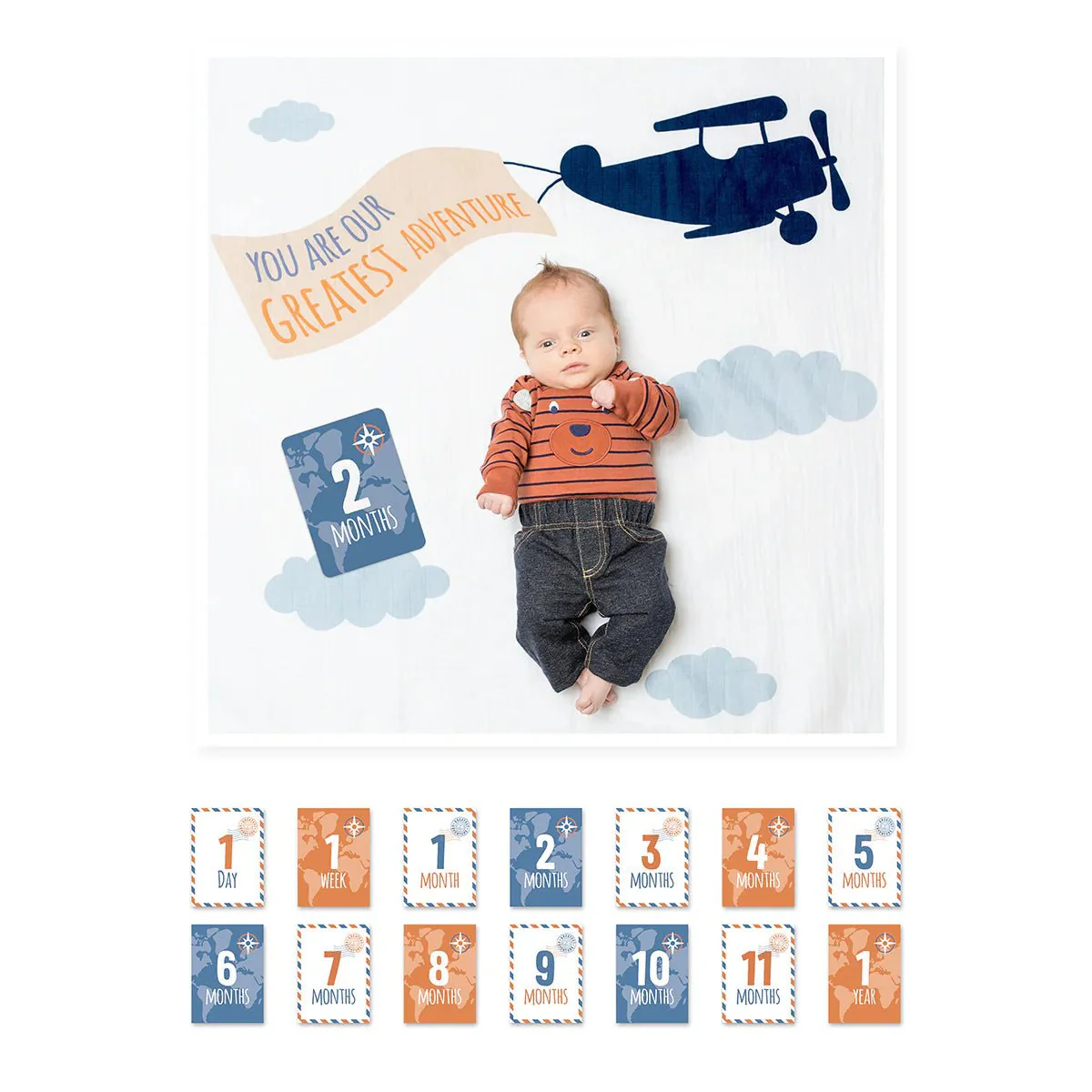 Lulujo Baby's First Year Gift Set - Cotton Swaddle & Cards - Greatest Adventure - Image 4