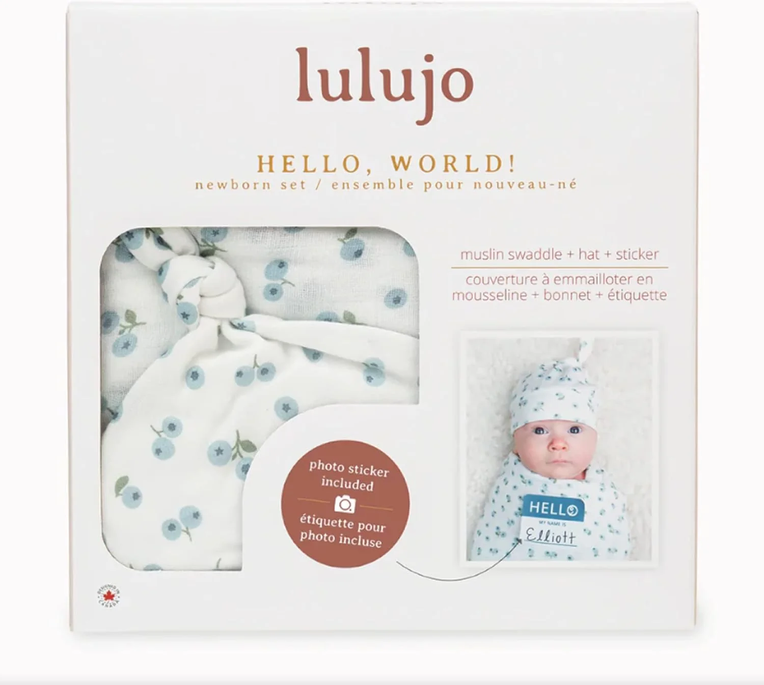 Lulujo Hello World Baby Gift Set | Newborn Baby Hat & Swaddle Set - Blueberries