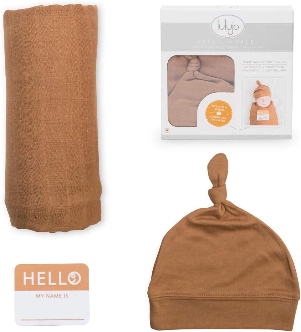 Lulujo Hello World Baby Swaddle & Hat - Tan