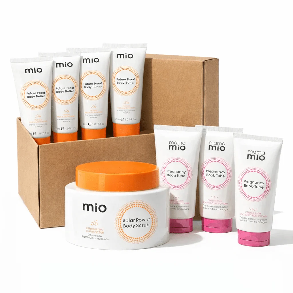 Mama Mio Glow, Hydrate & Soothe Set – Body Scrub, Boob Tube & Body Butter Minis