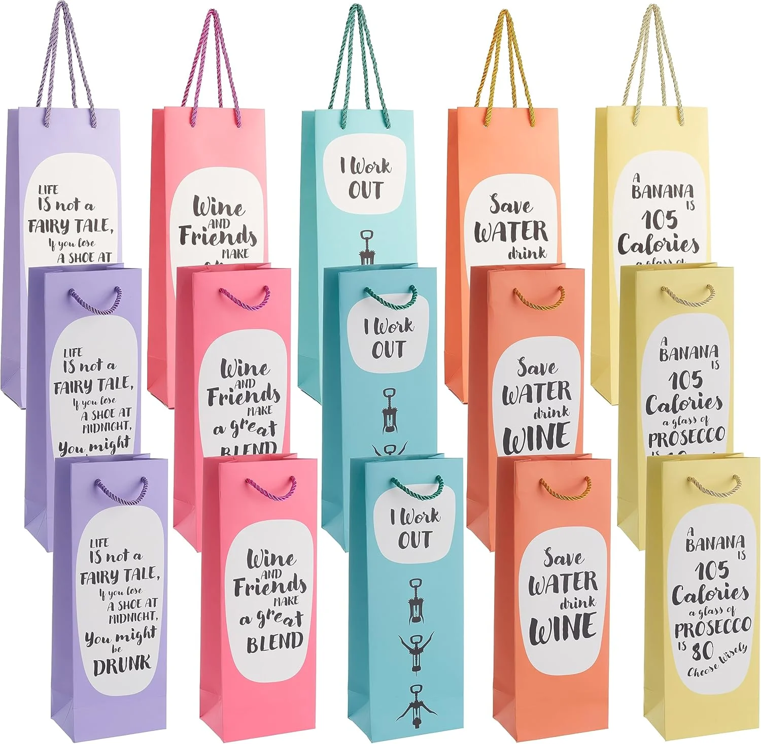 MATANA 15 Premium Wine Bottle Gift Bags with Witty Quotes - 35x13x9cm