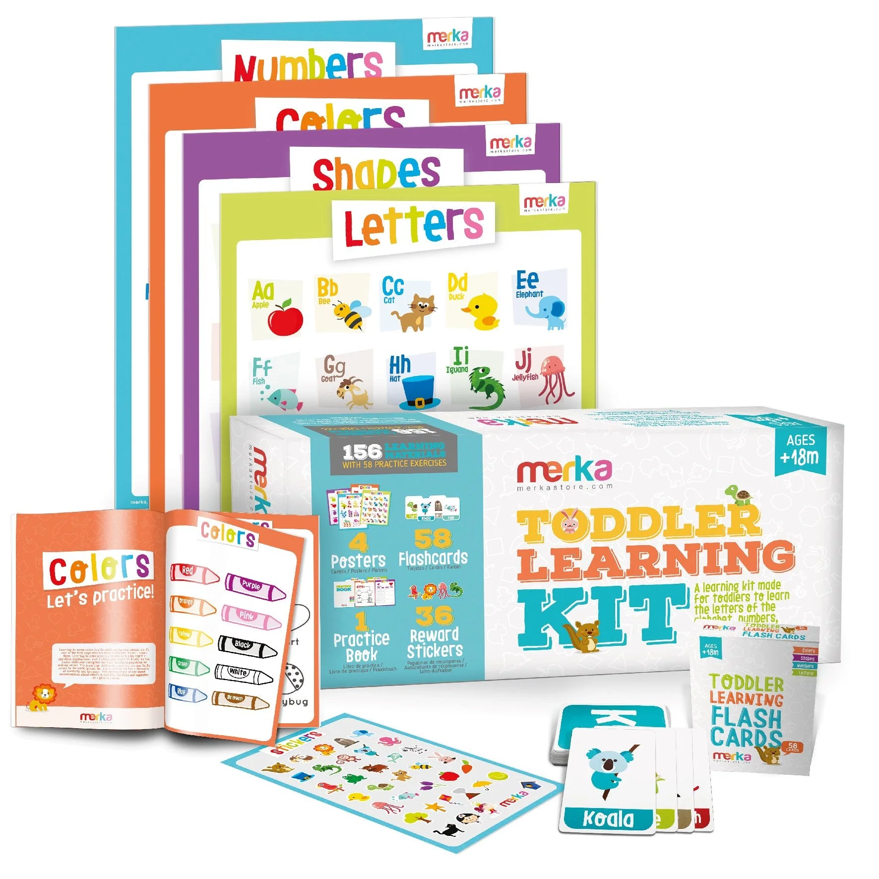 Merka Toddler Learning Kit: Posters, Flashcards, Book and Stickers - 18M+
