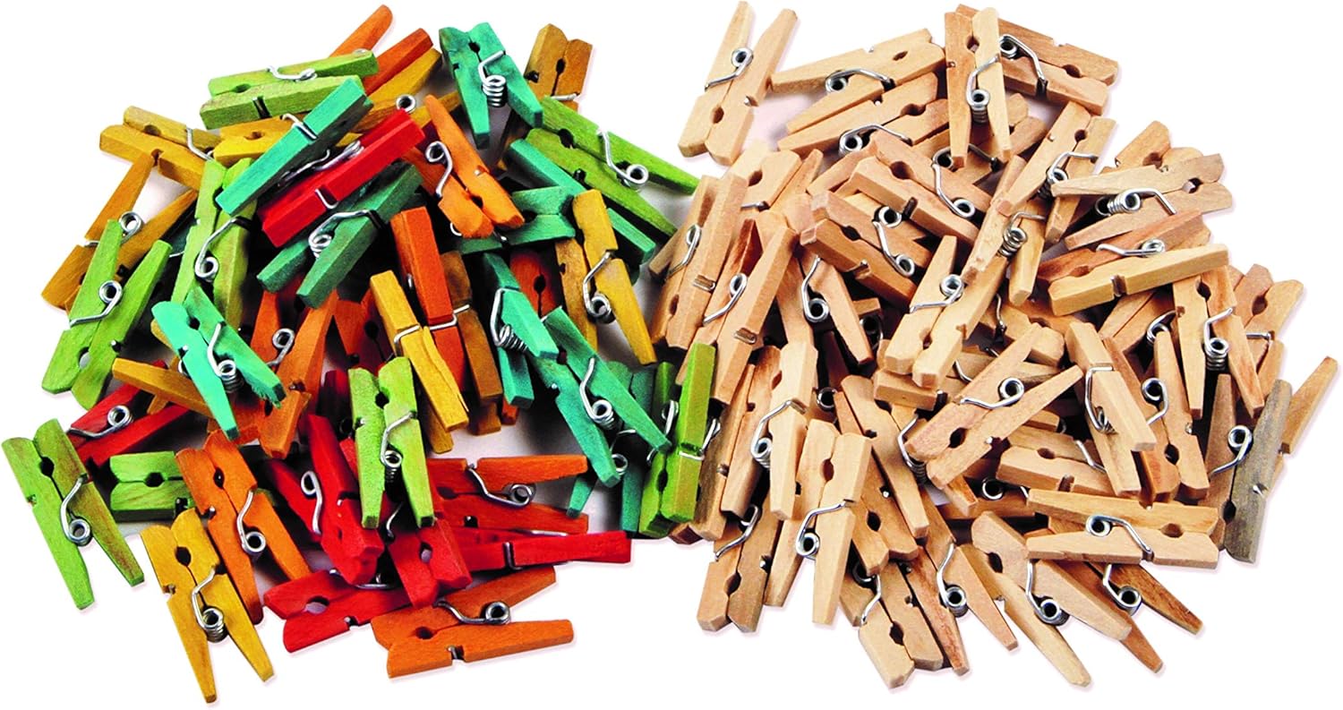 Mini Wood Clothes Pegs - 200 Pack (Natural and Assorted Colours)