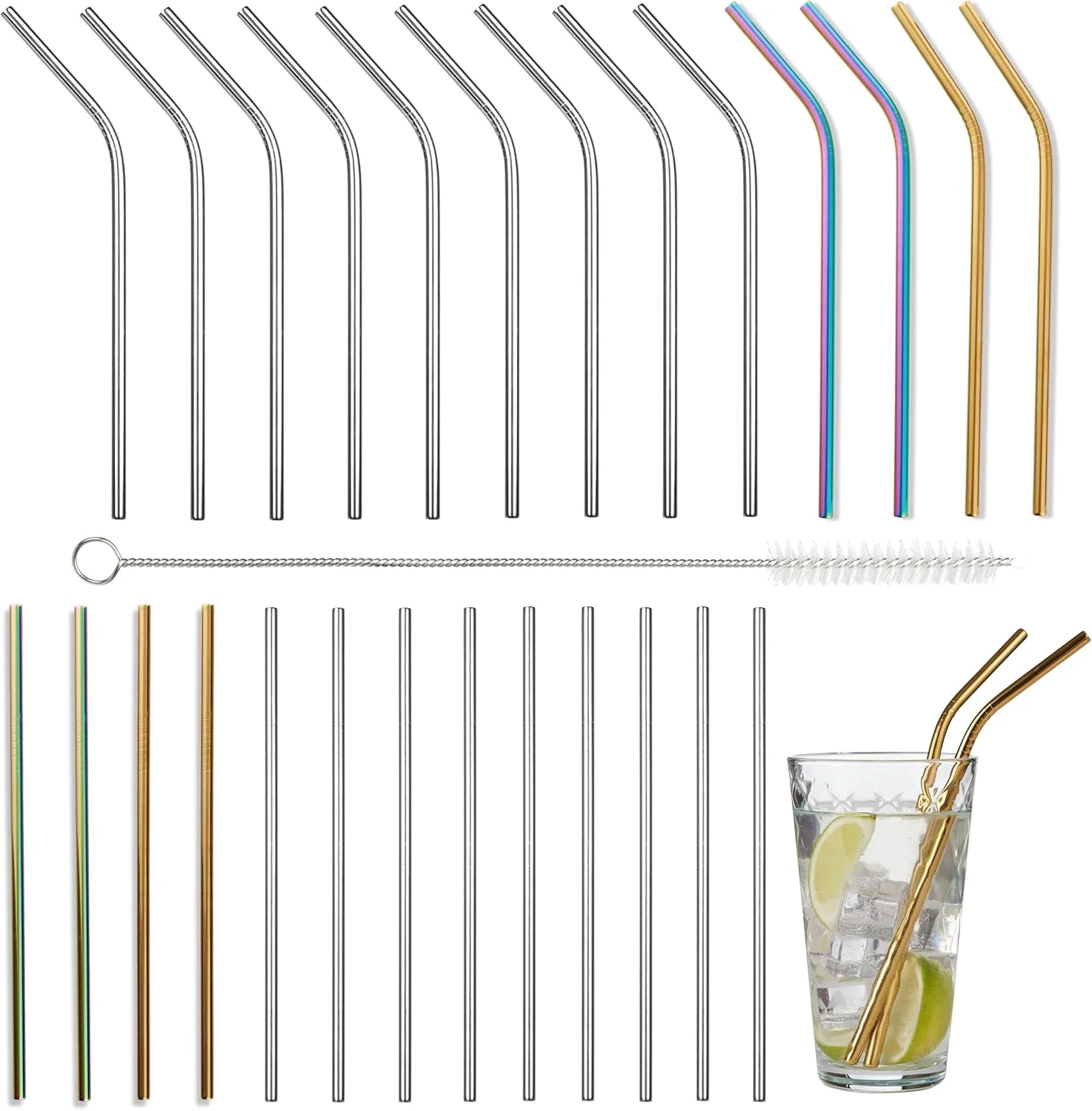 Oak & Steel - Multi-Colour 30 piece Stainless Steel Reusable Drinking Straws Gift Set