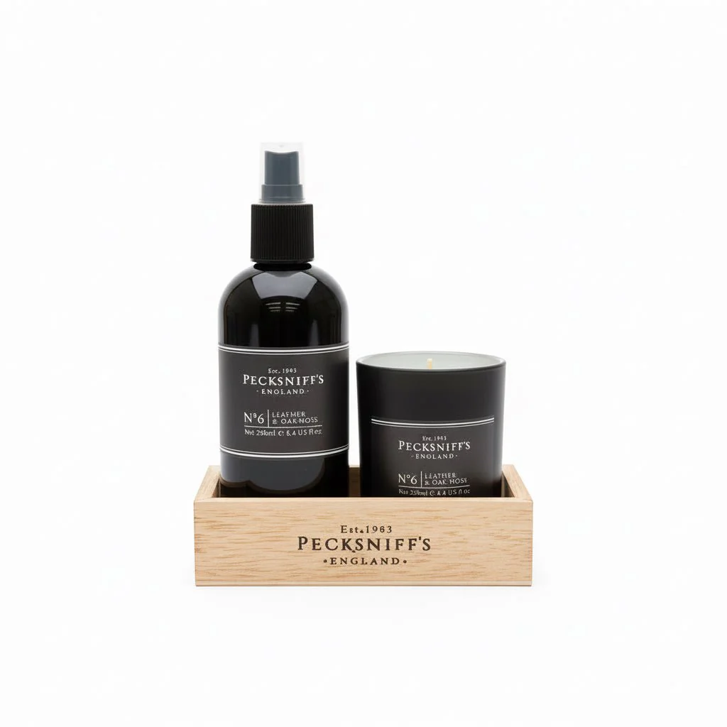 Pecksniff's Leather & Oakmoss Room Spray and Candle Set