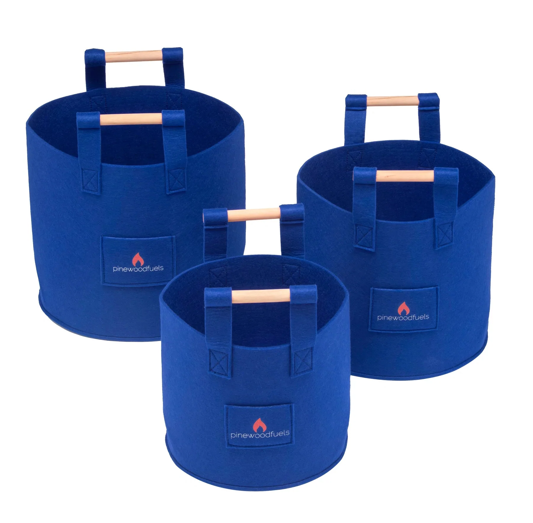 Pinewoodfuels Natural Felt Storage Basket with Ash Wood Handles - Blue (Set of 3)