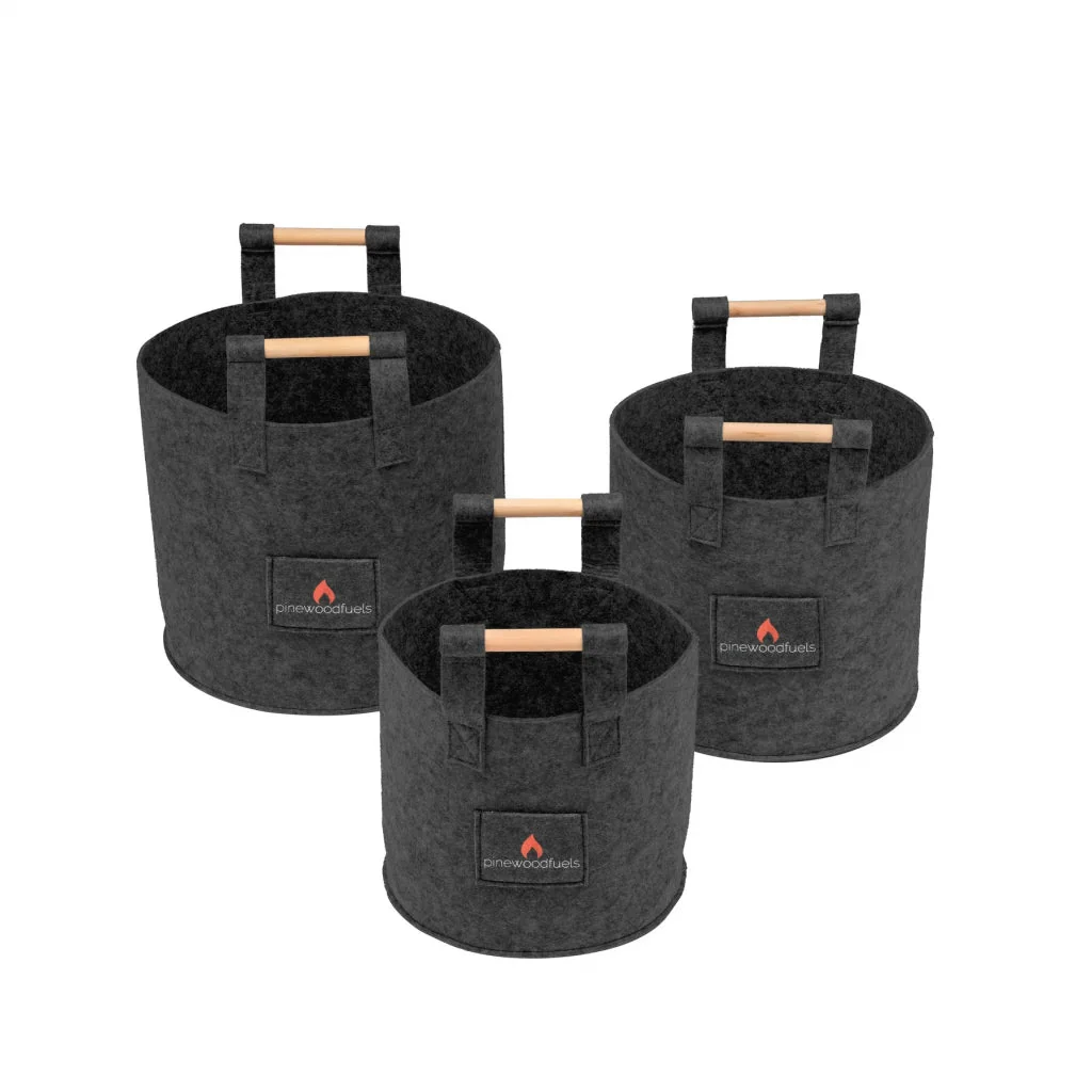 Pinewoodfuels Natural Felt Storage Baskets with Ash Wood Handles - Charcoal Grey (Set of 3)