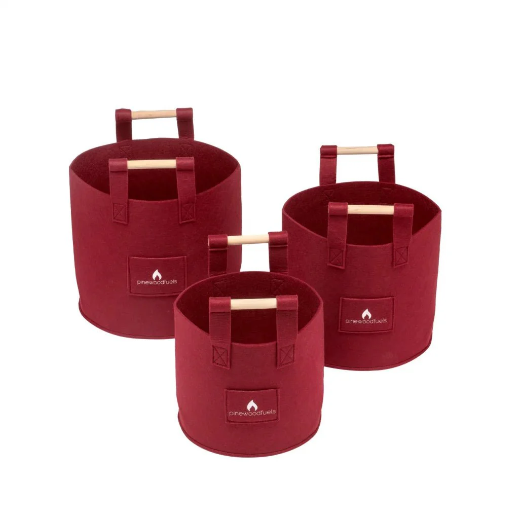 Pinewoodfuels Natural Felt Storage Baskets with Ash Wood Handles - Red (Set of 3)
