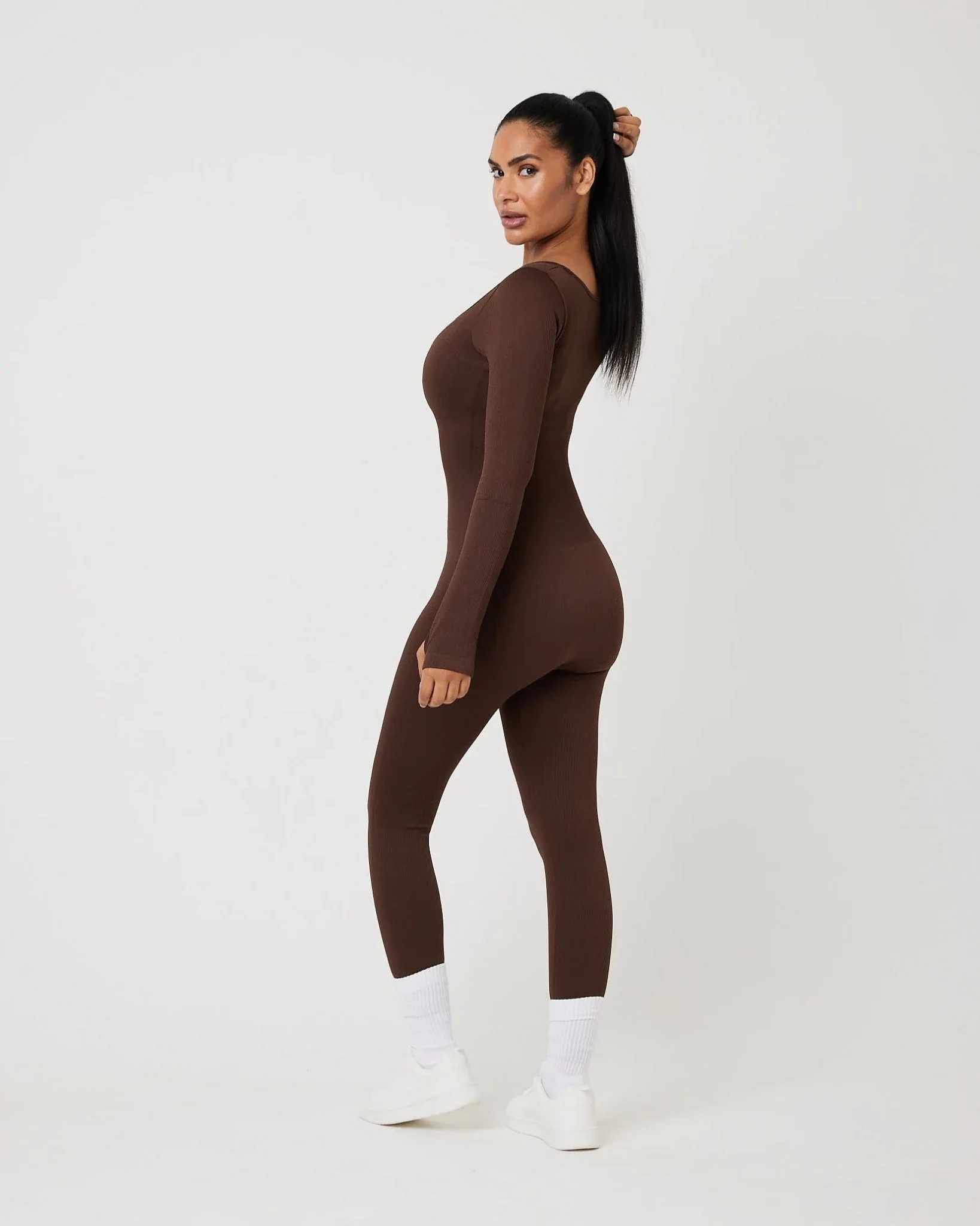 Snuggz Fit Ribbed Long Sleeve Coffee Seamless Jumpsuit (10005)