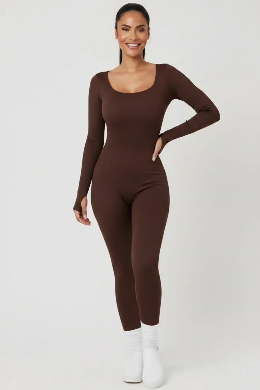 Snuggz Fit Ribbed Long Sleeve Coffee Seamless Jumpsuit (10005) - Image 3