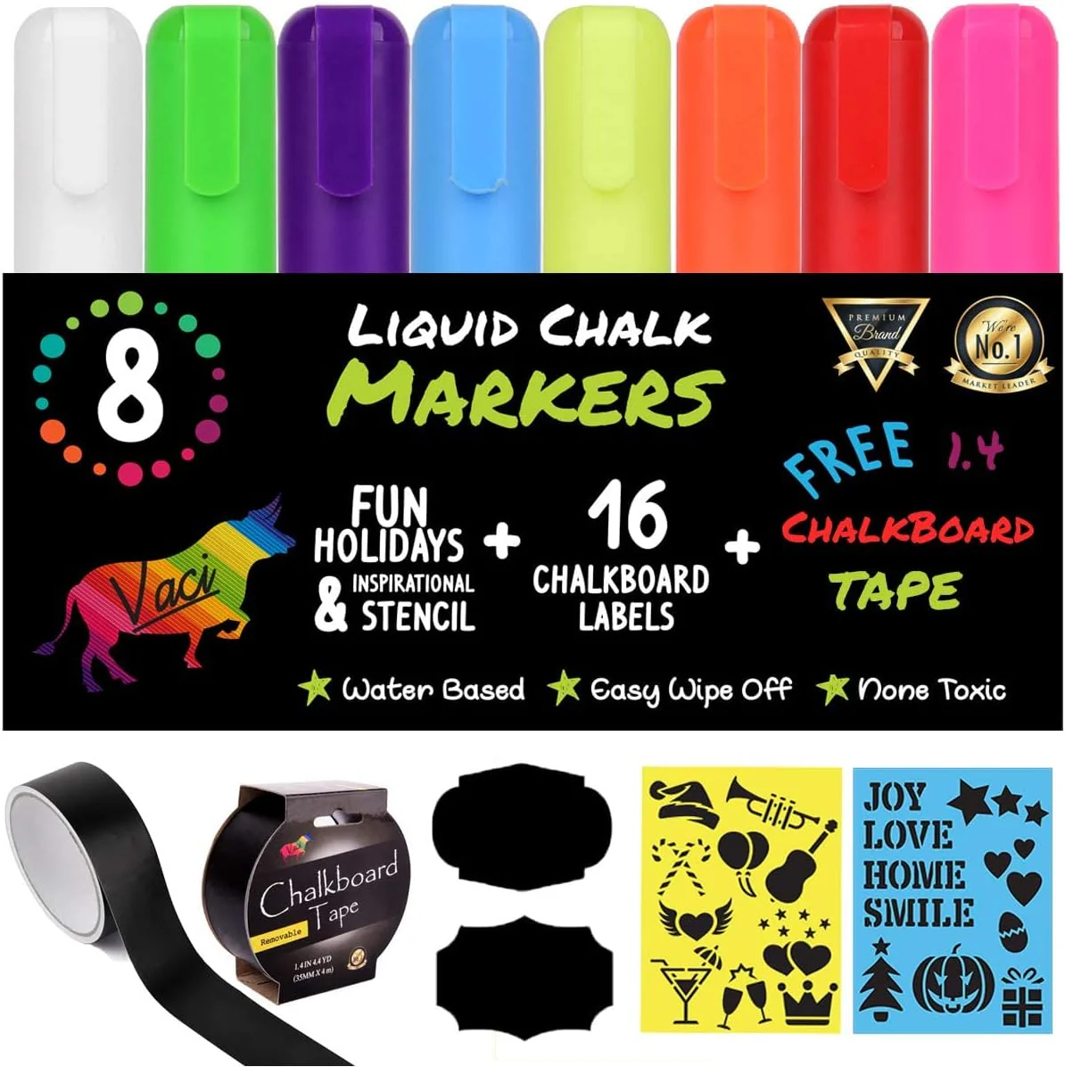 Vaci Chalk Markers Pack of 8 + Chalkboard Tape