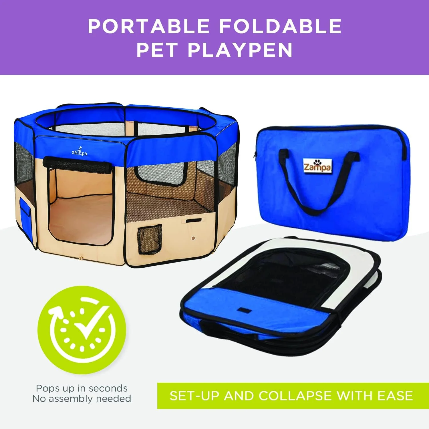 Zampa Popup Soft Pet Dog Puppy PlayPen - Blue - Medium - Image 6