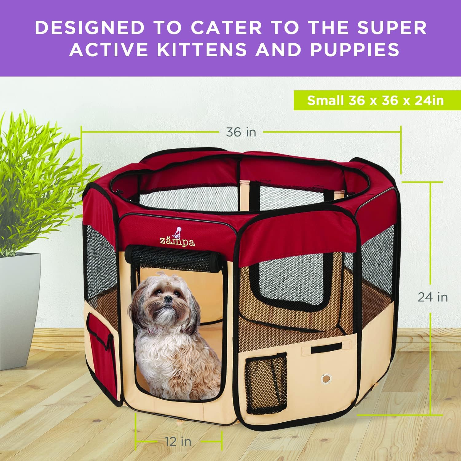Zampa Popup Quick Assembly Soft Pet Dog Puppy PlayPen - Red (Small) - Image 3